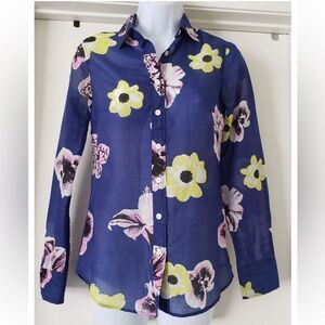 J. Crew XS Blue Pink Yellow White Black Floral Cotton Silk Long Sleeve Shirt